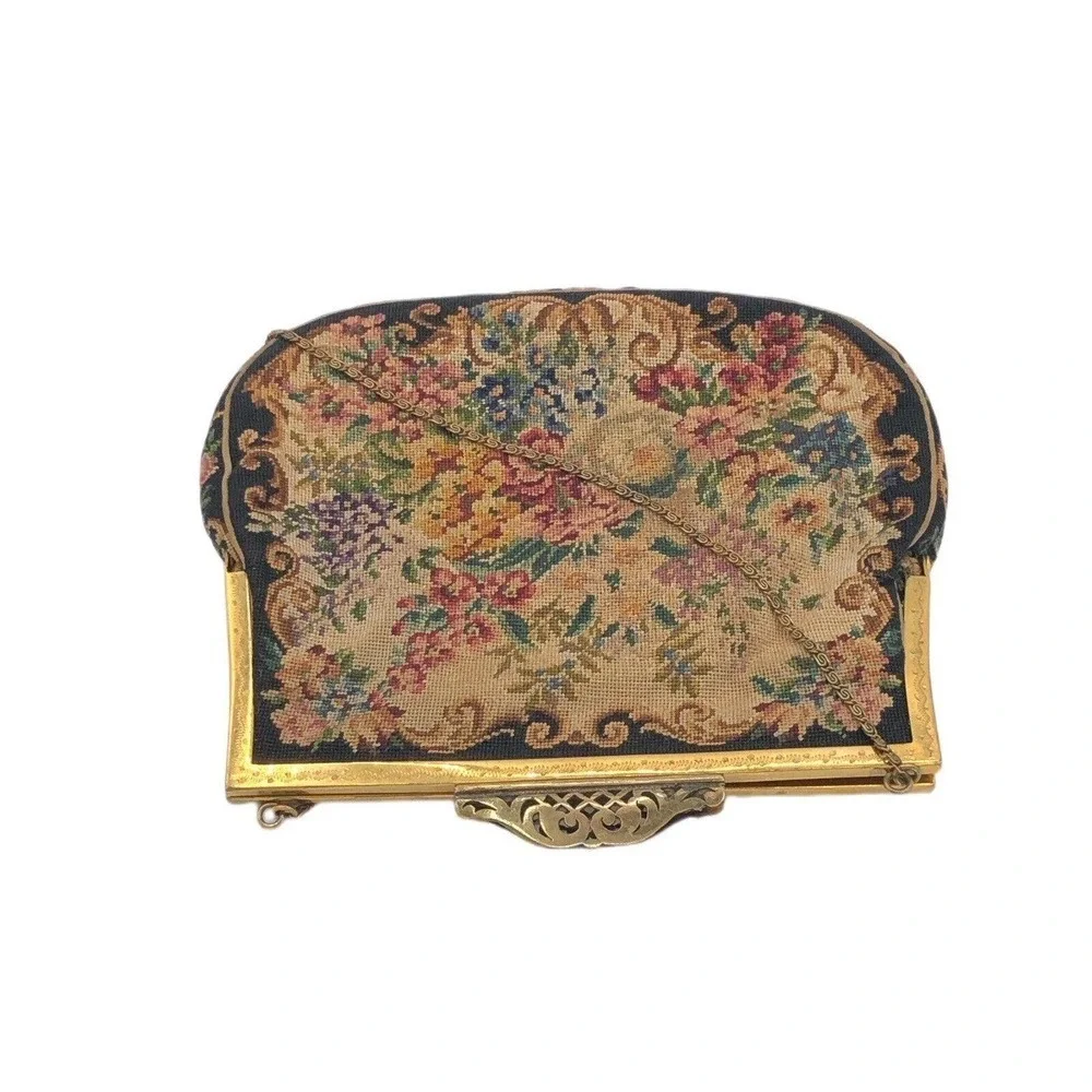 Antique Jolles Austria Purse Petit Point Floral Tapestry 1930s Orig Label